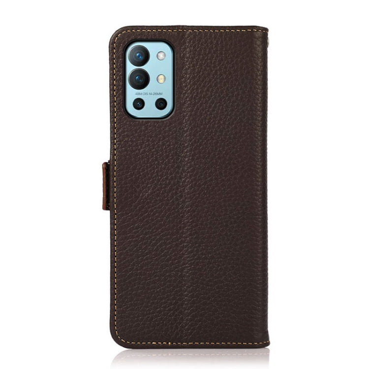 For OnePlus 9R KHAZNEH Side-Magnetic Litchi Genuine Leather RFID Phone Case(Brown)
