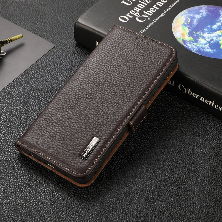 For OnePlus 9R KHAZNEH Side-Magnetic Litchi Genuine Leather RFID Phone Case(Brown)