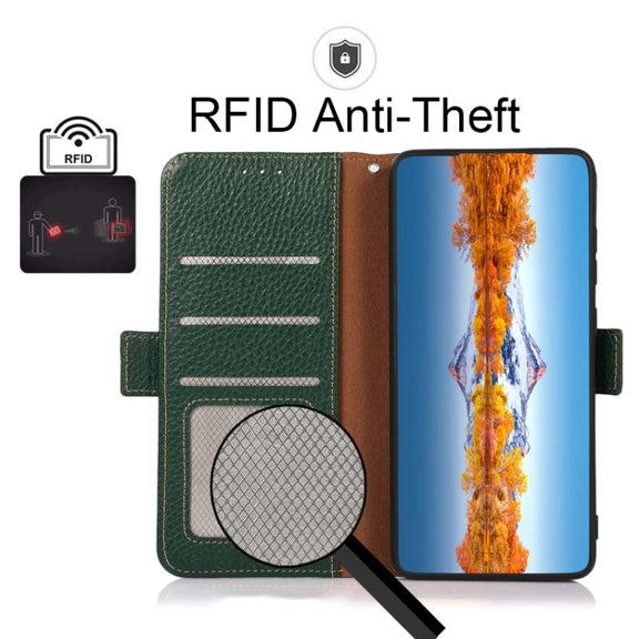 For Nokia C01 Core / C01 Plus KHAZNEH Side-Magnetic Litchi Genuine Leather RFID Phone Case(Green)