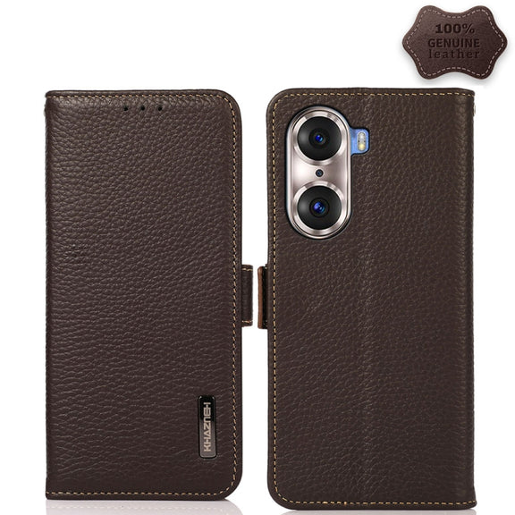 For Honor 60 Pro KHAZNEH Side-Magnetic Litchi Genuine Leather RFID Phone Case(Brown)