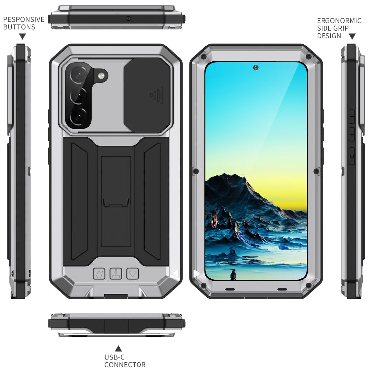 For Samsung Galaxy S22 5G R-JUST Sliding Camera Metal + Silicone Holder Phone Case(Silver)