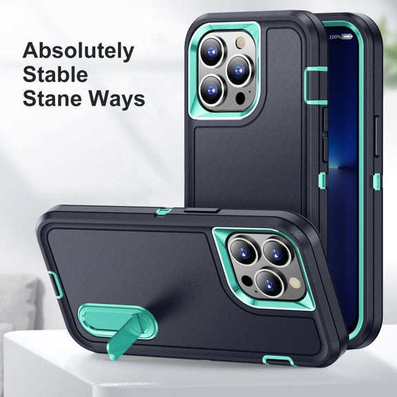 For iPhone 12 / 12 Pro 3 in 1 Rugged Holder Phone Case(Dark Blue+Light Blue)