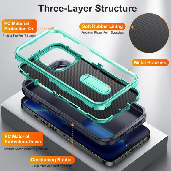 For iPhone 12 / 12 Pro 3 in 1 Rugged Holder Phone Case(Dark Blue+Light Blue)