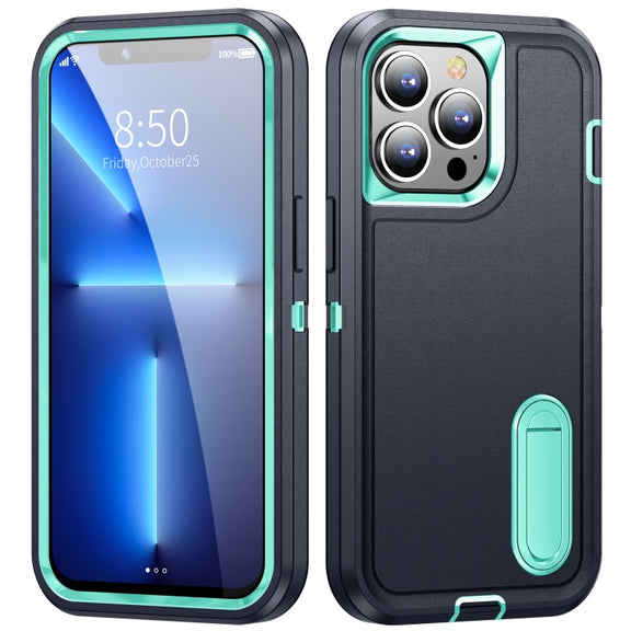 For iPhone 12 / 12 Pro 3 in 1 Rugged Holder Phone Case(Dark Blue+Light Blue)