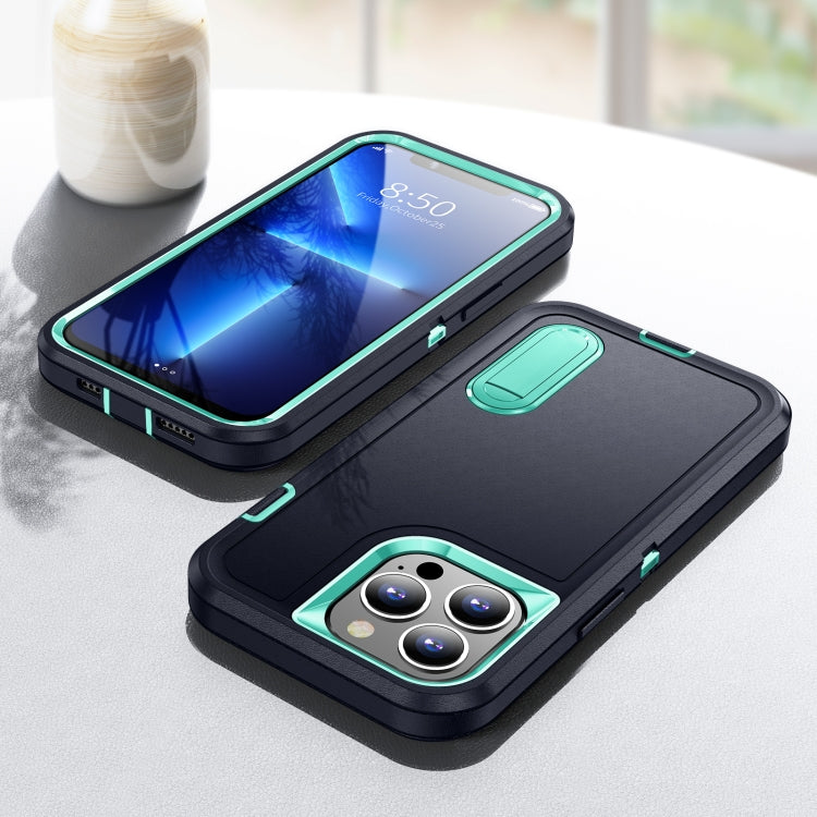 For iPhone 12 / 12 Pro 3 in 1 Rugged Holder Phone Case(Dark Blue+Light Blue)