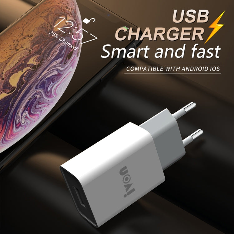 IVON AD-33 2 in 1 2.1A Single USB Port Travel Charger + 1m USB to Micro USB Data Cable Set, US Plug(White)