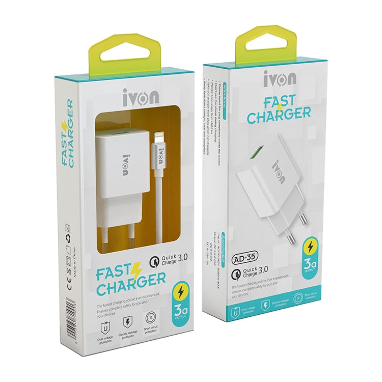 IVON AD-35 2 in 1 18W QC3.0 USB Port Travel Charger + 1m USB to USB-C / Type-C Data Cable Set, EU Plug(White)