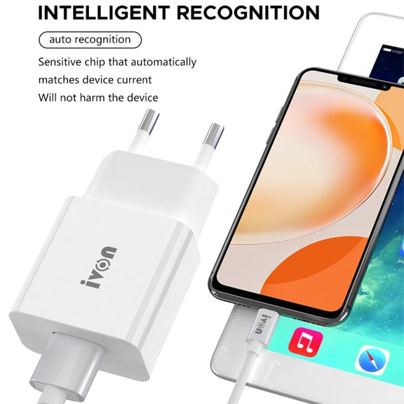 IVON AD-35 2 in 1 18W QC3.0 USB Port Travel Charger + 1m USB to USB-C / Type-C Data Cable Set, EU Plug(White)