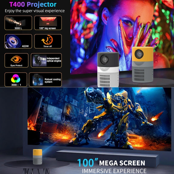 T400 100 inch Screen 3000 Lumens LED Mini Projector, Plug Type:EU Plug(Grey Yellow)