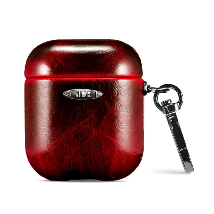 Oil Wax Leather Texture Earphone Protective Case with Hang Buckle For AirPods 1 / 2(Red)