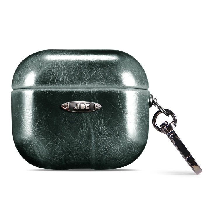 Oil Wax Leather Texture Earphone Protective Case with Hang Buckle For AirPods 3(Dark Green)