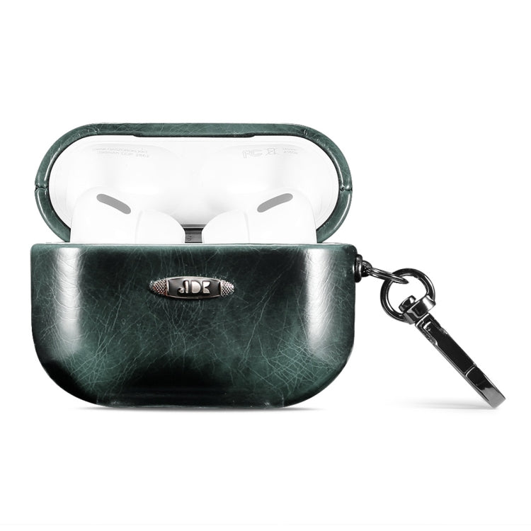 Oil Wax Leather Texture Earphone Protective Case with Hang Buckle For AirPods Pro(Dark Green)