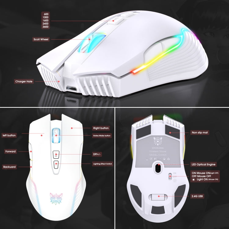 ONIKUMA CW905 2.4G RGB Lighting Wireless Mouse (Grey White)