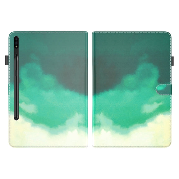 For Samsung Galaxy Tab S9+ Watercolor Pattern Flip Leather Tablet Case(Cyan Green)