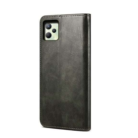For OPPO Realme C35 Simple Wax Crazy Horse Texture Horizontal Flip Leather Phone Case with Card Slots & Holder(Dark Green)