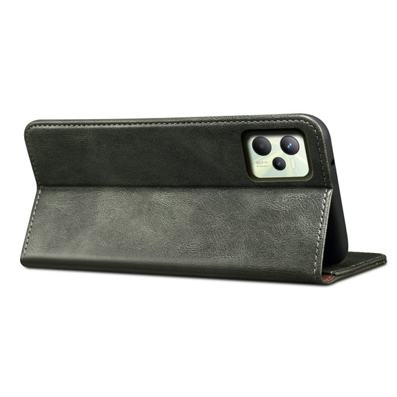 For OPPO Realme C35 Simple Wax Crazy Horse Texture Horizontal Flip Leather Phone Case with Card Slots & Holder(Dark Green)