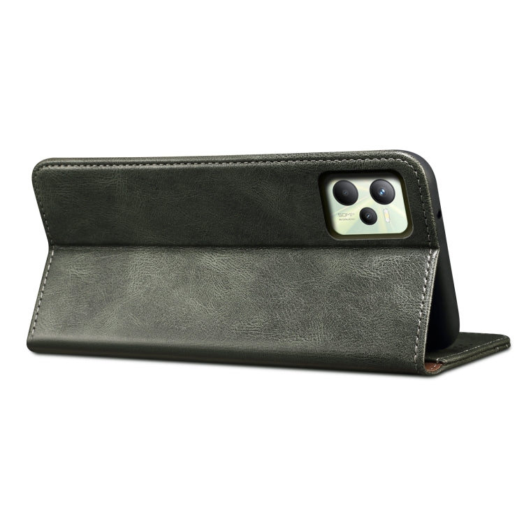 For OPPO Realme C35 Simple Wax Crazy Horse Texture Horizontal Flip Leather Phone Case with Card Slots & Holder(Dark Green)