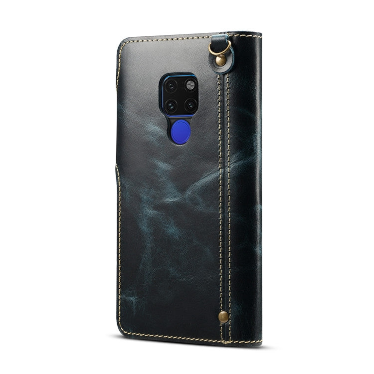 For Huawei Mate 20 Denior Oil Wax Cowhide Magnetic Button Horizontal Flip Leather Case with Card Slots & Wallet(Dark Blue)