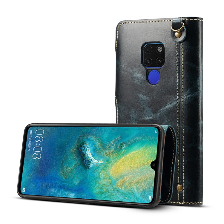 For Huawei Mate 20 Denior Oil Wax Cowhide Magnetic Button Horizontal Flip Leather Case with Card Slots & Wallet(Dark Blue)
