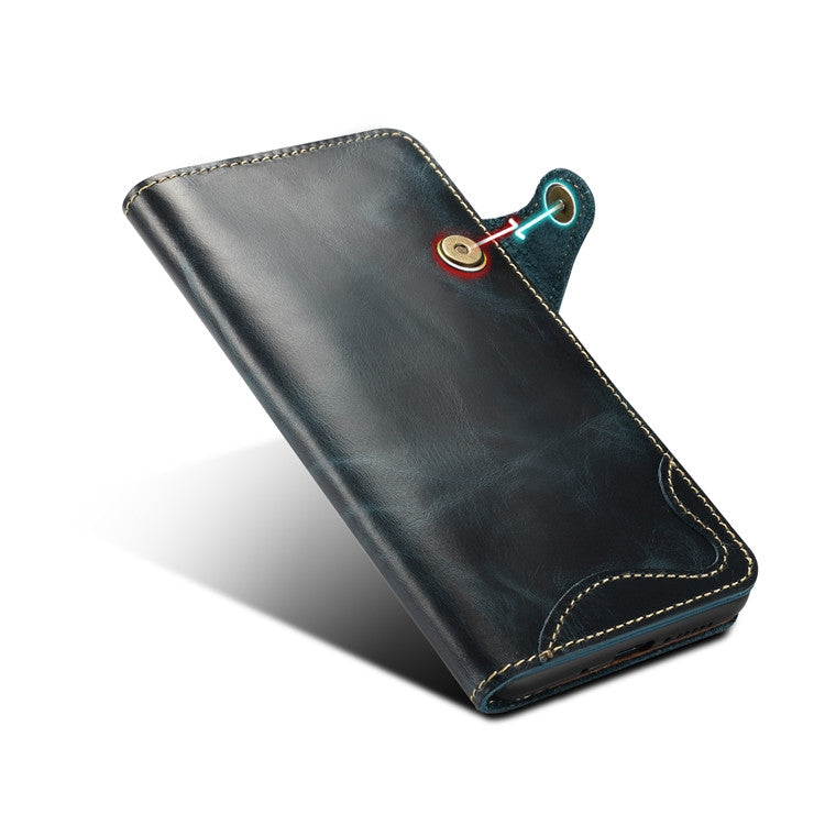 For Huawei Mate 20 Denior Oil Wax Cowhide Magnetic Button Horizontal Flip Leather Case with Card Slots & Wallet(Dark Blue)