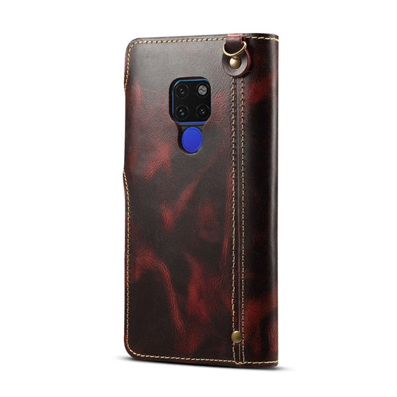 For Huawei Mate 20 Denior Oil Wax Cowhide Magnetic Button Horizontal Flip Leather Case with Card Slots & Wallet(Dark Red)
