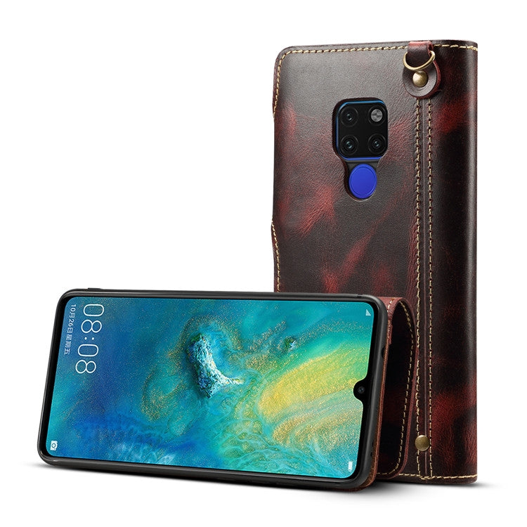 For Huawei Mate 20 Denior Oil Wax Cowhide Magnetic Button Horizontal Flip Leather Case with Card Slots & Wallet(Dark Red)