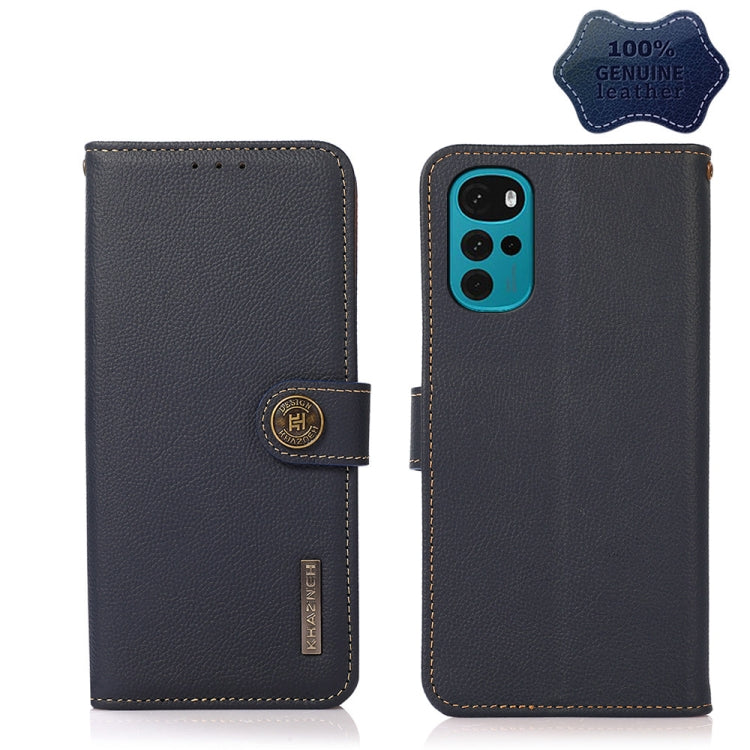 For Motorola Moto G22 KHAZNEH Custer Genuine Leather RFID Phone Case(Blue)