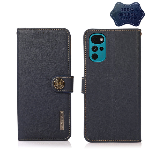 For Motorola Moto G22 KHAZNEH Custer Genuine Leather RFID Phone Case(Blue)