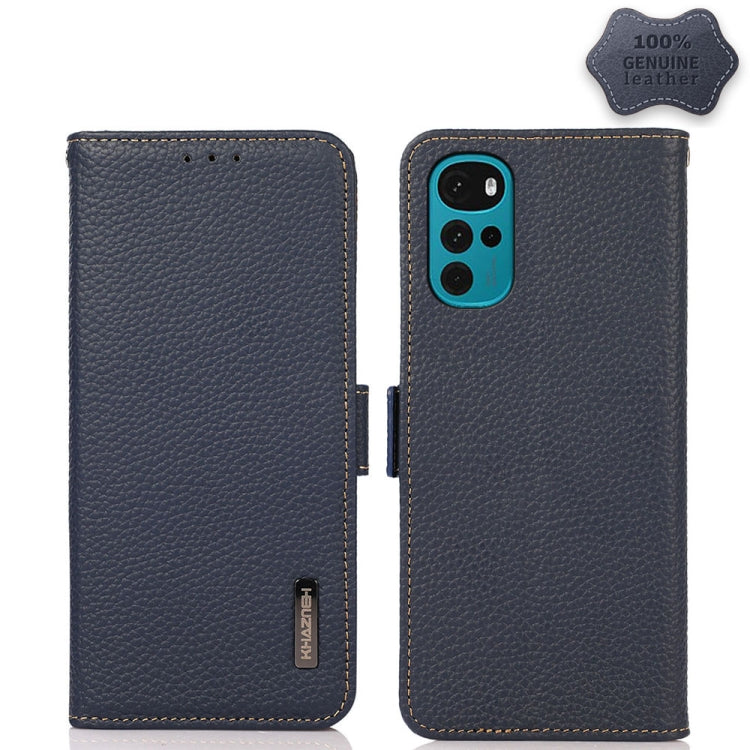 For Motorola Moto G22 KHAZNEH Side-Magnetic Litchi Genuine Leather RFID Phone Case(Blue)