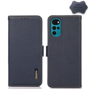 For Motorola Moto G22 KHAZNEH Side-Magnetic Litchi Genuine Leather RFID Phone Case(Blue)