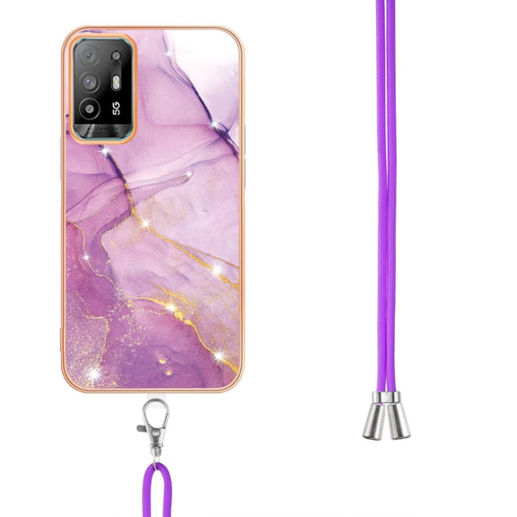 For OPPO A94 5G / A95 5G Electroplating Marble IMD TPU Phone Case with Lanyard(Purple 001)