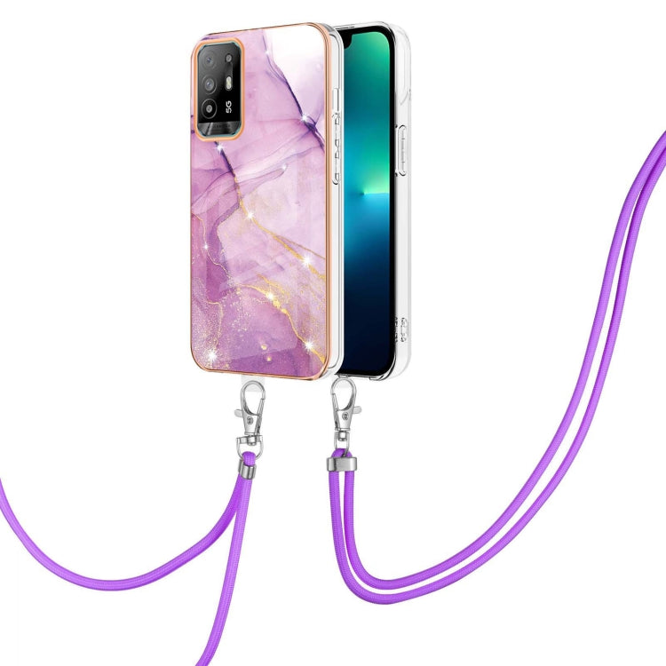For OPPO A94 5G / A95 5G Electroplating Marble IMD TPU Phone Case with Lanyard(Purple 001)