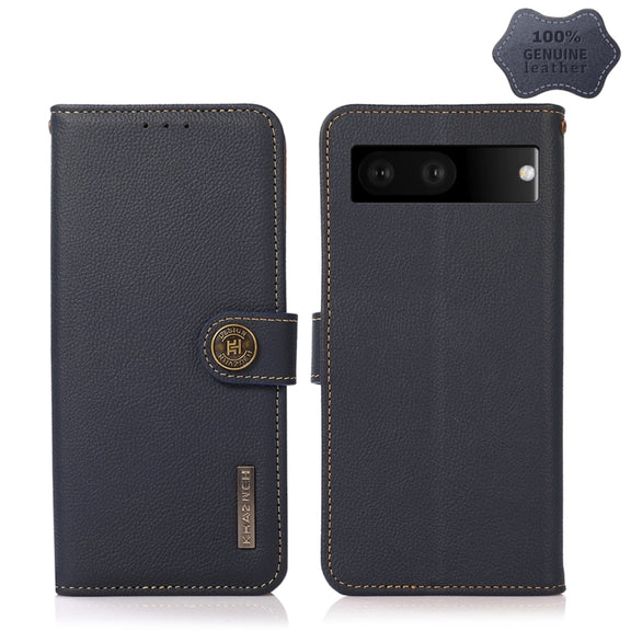 For Google Pixel 7 5G KHAZNEH Custer Genuine Leather RFID Phone Case(Blue)