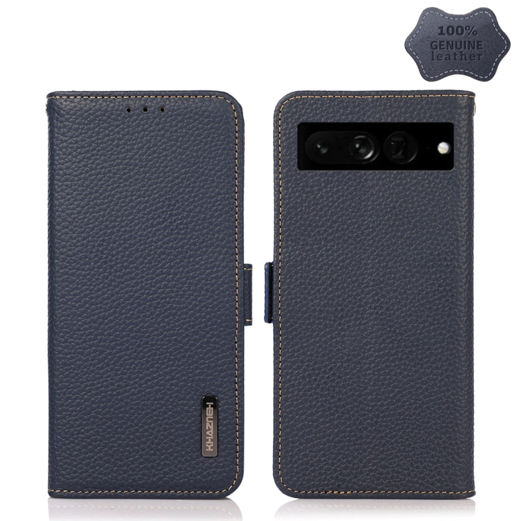 For Google Pixel 7 Pro 5G KHAZNEH Side-Magnetic Litchi Genuine Leather RFID Phone Case(Blue)