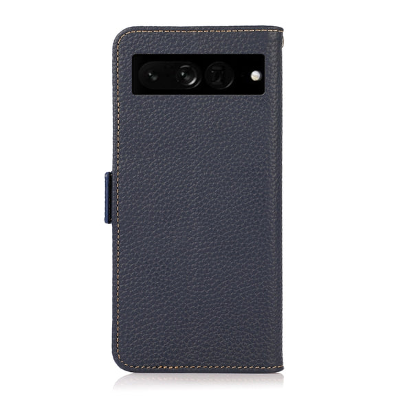 For Google Pixel 7 Pro 5G KHAZNEH Side-Magnetic Litchi Genuine Leather RFID Phone Case(Blue)
