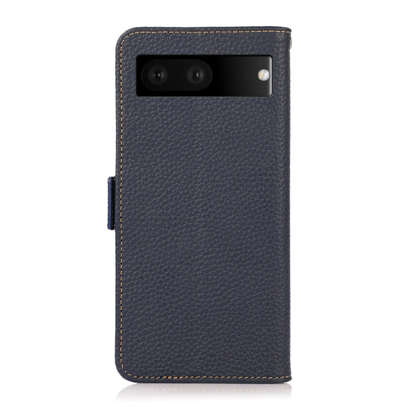 For Google Pixel 7 5G KHAZNEH Side-Magnetic Litchi Genuine Leather RFID Phone Case(Blue)