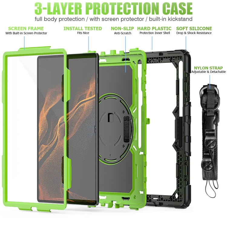 For Samsung Galaxy Tab S10 Ultra / S9 Ultra / S8 Ultra Silicone + PC Tablet Case with Shoulder Strap(Black+Yellow Green)