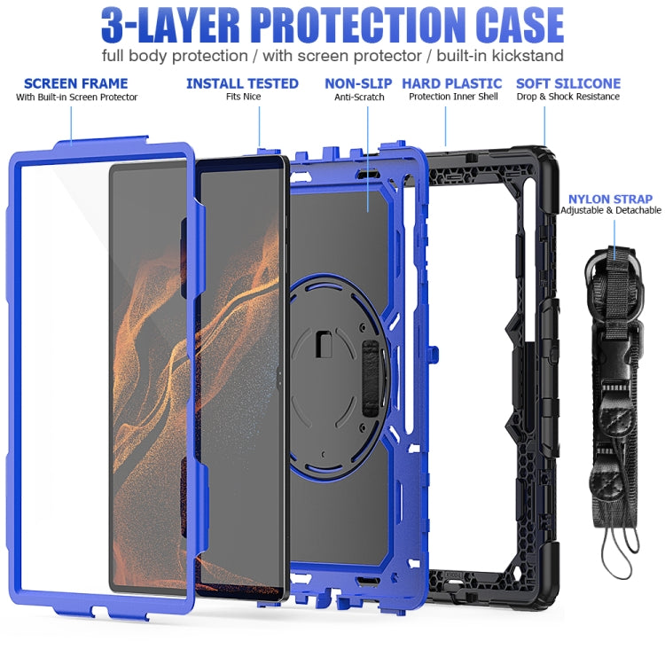 For Samsung Galaxy Tab S10 Ultra / S9 Ultra / S8 Ultra Silicone + PC Tablet Case with Shoulder Strap(Black+Dark Blue)