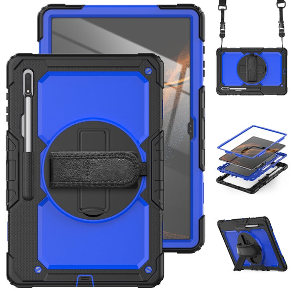 For Samsung Galaxy Tab S10 Ultra / S9 Ultra / S8 Ultra Silicone + PC Tablet Case with Shoulder Strap(Black+Dark Blue)