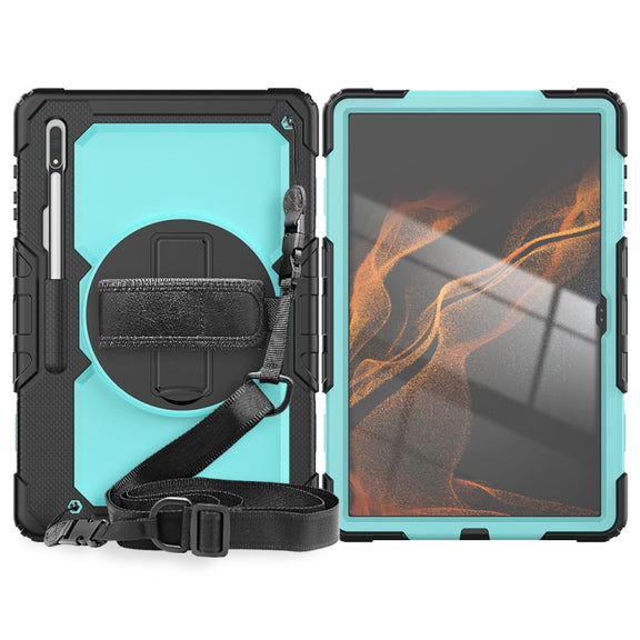 For Samsung Galaxy Tab S10 Ultra / S9 Ultra / S8 Ultra Silicone + PC Tablet Case with Shoulder Strap(Black+Light Blue)