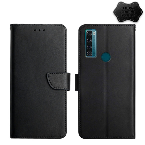 For TCL 20 SE Genuine Leather Fingerprint-proof Flip Phone Case(Black)