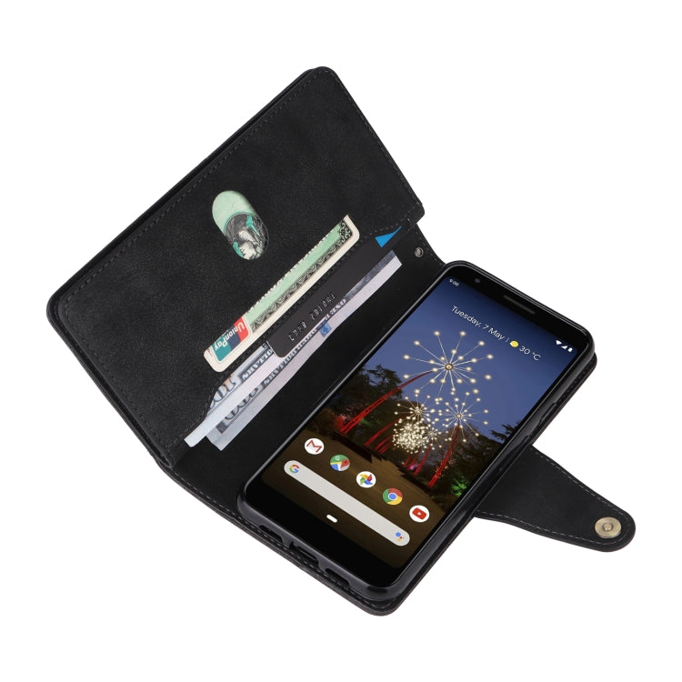 For Google Pixel 3A Rivet Buckle 9 Cards Three Fold Leather Phone Case(Black)