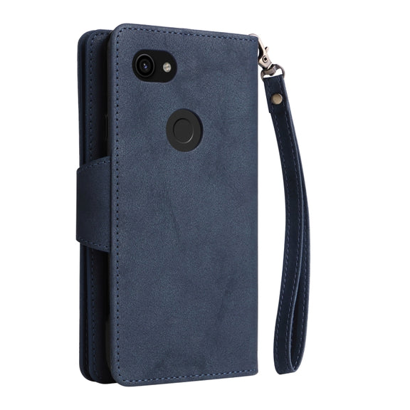 For Google Pixel 3A Rivet Buckle 9 Cards Three Fold Leather Phone Case(Blue)