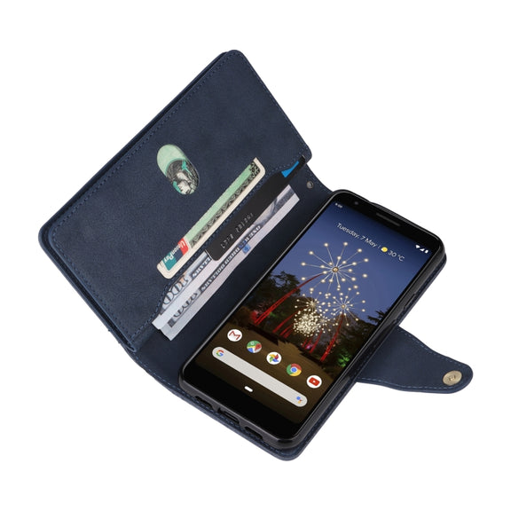 For Google Pixel 3A Rivet Buckle 9 Cards Three Fold Leather Phone Case(Blue)