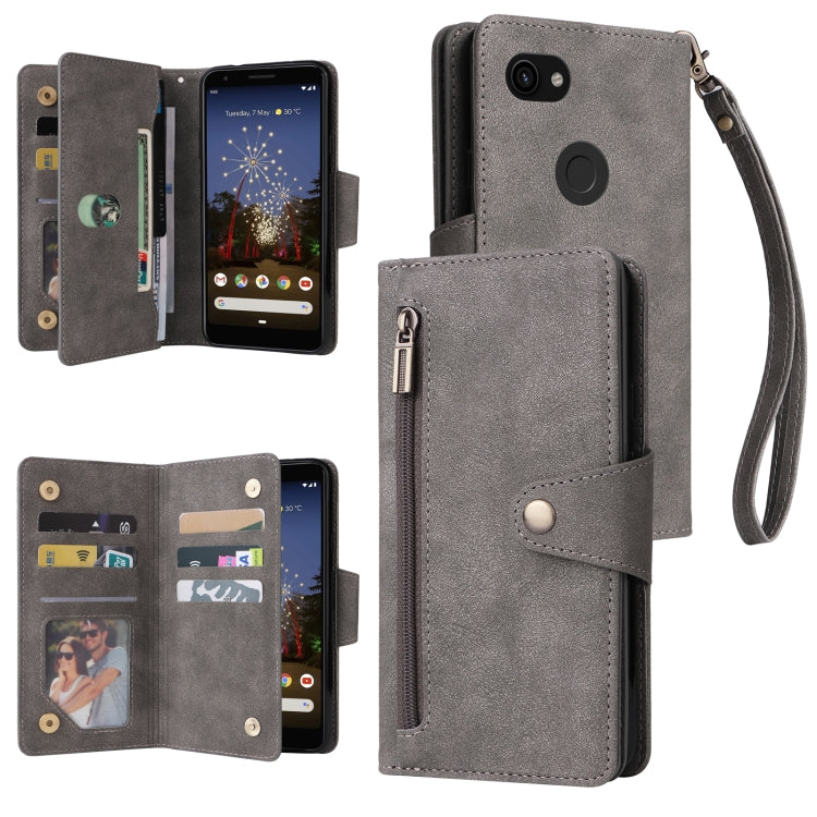 For Google Pixel 3A Rivet Buckle 9 Cards Three Fold Leather Phone Case(Grey)