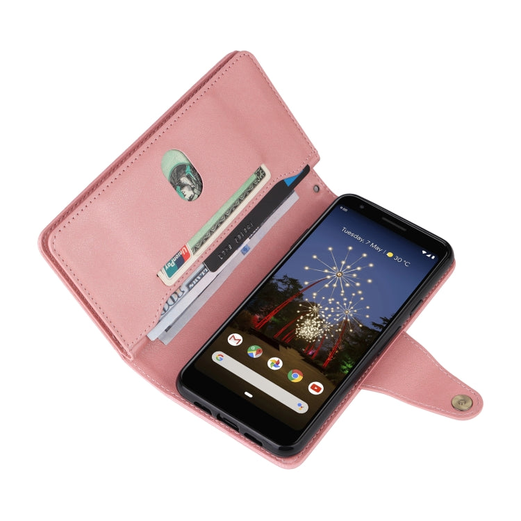 For Google Pixel 3A Rivet Buckle 9 Cards Three Fold Leather Phone Case(Rose Gold)