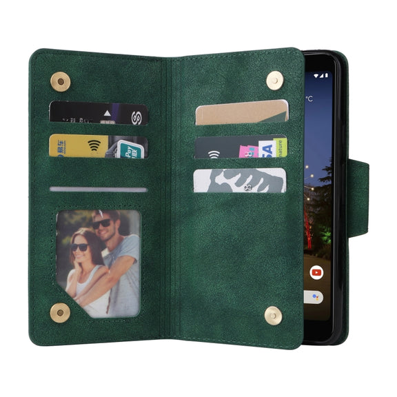 For Google Pixel 3A Rivet Buckle 9 Cards Three Fold Leather Phone Case(Green)