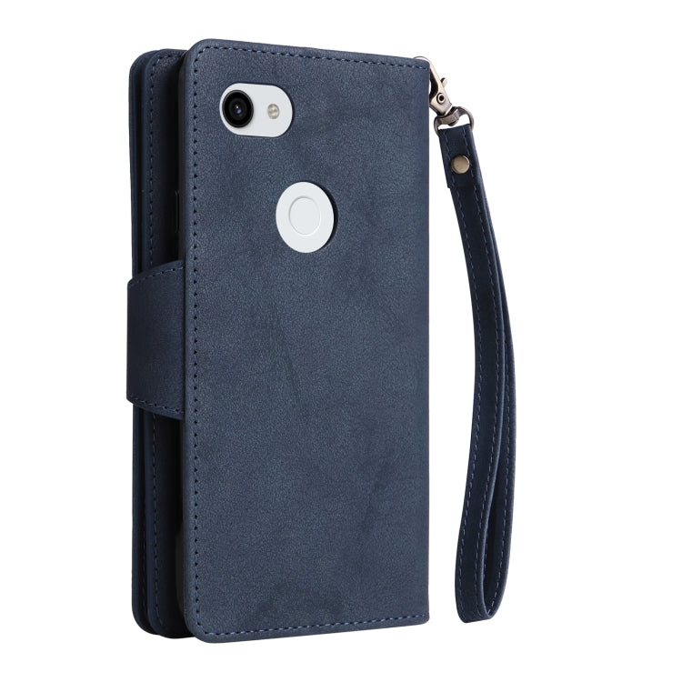 For Google Pixel 3A XL Rivet Buckle 9 Cards Three Fold Leather Phone Case(Blue)