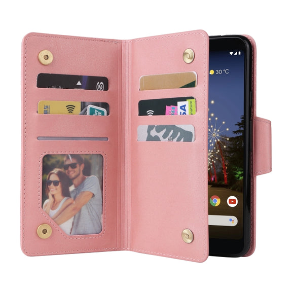 For Google Pixel 3A XL Rivet Buckle 9 Cards Three Fold Leather Phone Case(Rose Gold)