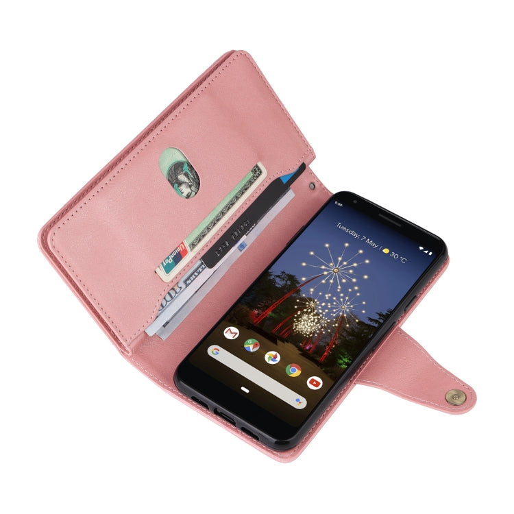 For Google Pixel 3A XL Rivet Buckle 9 Cards Three Fold Leather Phone Case(Rose Gold)